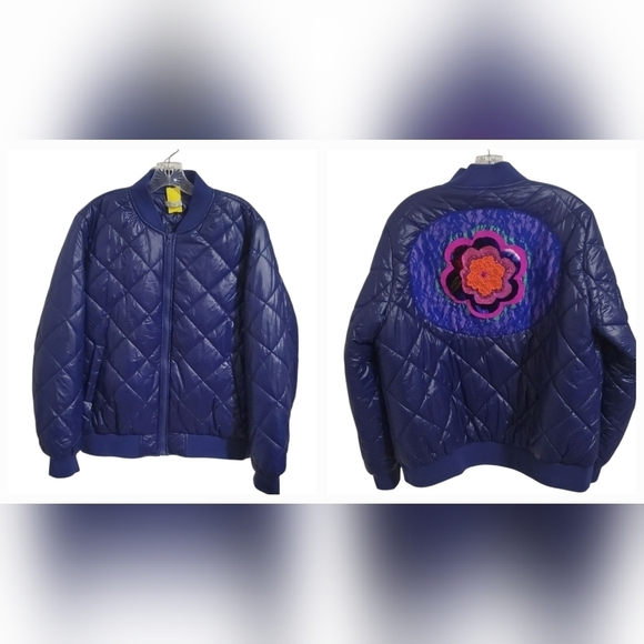 Meaneor Womens Quilted Bomber Jacket with Flower Applique Royal Blue Size XXL - Picture 1 of 9